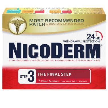 A packet of NICODERM® Step 3 - 7 mg transdermal nicotine patch, 7 clear patches