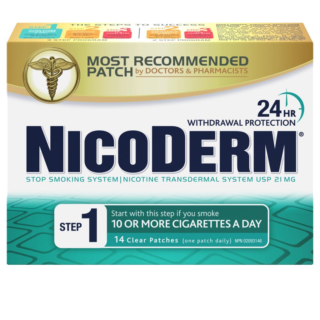 A packet of NICODERM® Step 1 - 21mg transdermal nicotine patch, 14 clear patches