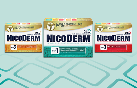 Pack shot of Nicoderm Step 1 patch, Nicoderm Step 2 patch, & Nicoderm Step 3 patch